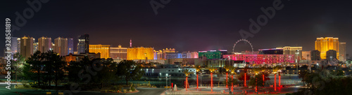 USA, Nevada, Clark County, Las Vegas Strip. A panorama of the skyline of the famous hotels and casinos in this world-class city at night