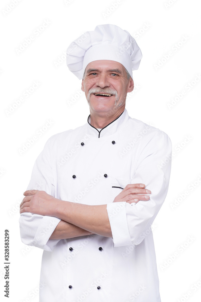 Successful and happy eldery chef crossed arms, portrait on white background isolated Successful and happy eldery chef crossed arms, portrait on white background isolated
