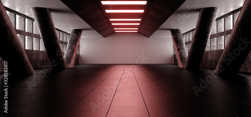 Sci Fi Futuristic Bright Alienship Modern Reflective Corridor Empty Tunnel With Concrete Tiled Floor And Concrete Big Columns Red Lights Technology Background Concept 3D Rendering