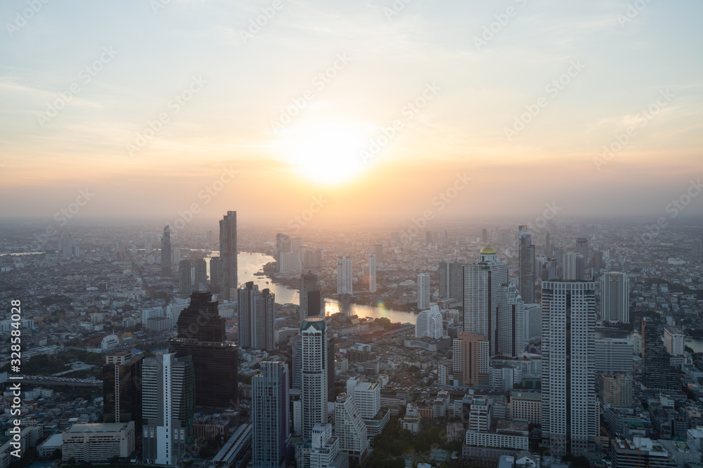 Bangkok cityscape and Chao Phraya river on sunset