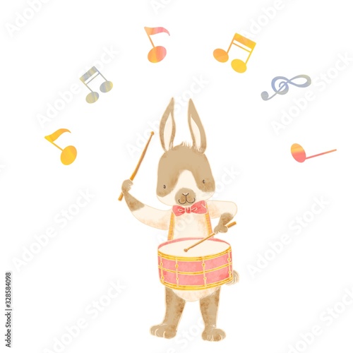 Cartoon animal playing music, rabbit, drum