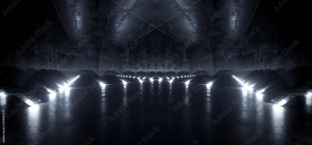 Dark Empty Sci Fi Futuristic Modern Alien Ship Corridor Tunnel Grunge Concrete Material And White Led Lights With Reflections Background Concept 3D Rendering