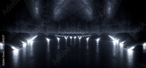 Dark Empty Sci Fi Futuristic Modern Alien Ship Corridor Tunnel Grunge Concrete Material And White Led Lights With Reflections Background Concept 3D Rendering