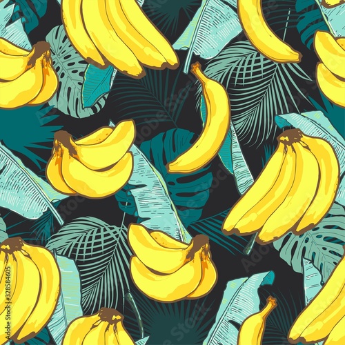 Tropical floral banana fruit palm leafs seamless vector pattern