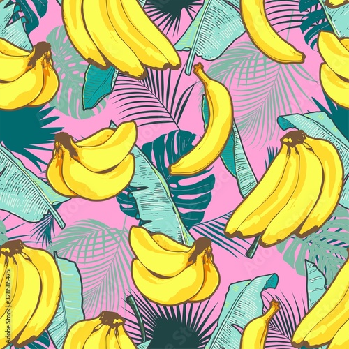 Tropical floral banana fruit palm tree leafs seamless vector pattern
