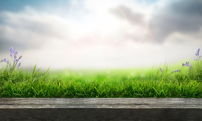 A wooden table top product display with a fresh summer sunny blue sky and clouds background with green grass meadow foreground.