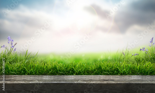 Obraz na płótnie A wooden table top product display with a fresh summer sunny blue sky and clouds background with green grass meadow foreground. w salonie