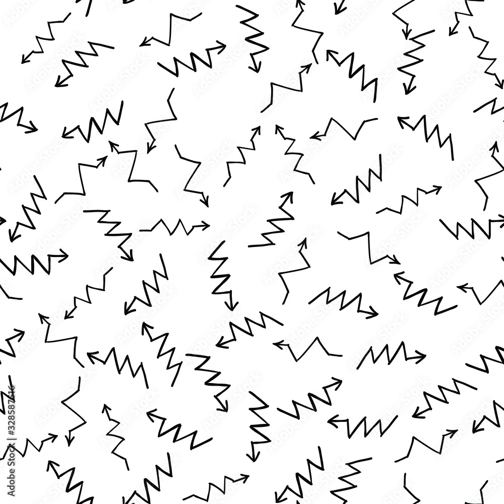 Hand drawn zigzag arrows randomly placed on white background. Seamless pattern. Right, left, up and down abstract pointers with arrowheads wrapping texture. Vector eps8 illustration.