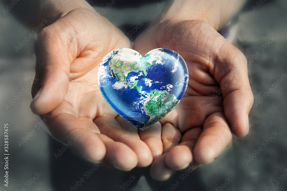 Hand holding Heart Shape Earth, Love Green Enviroment and Earth Day