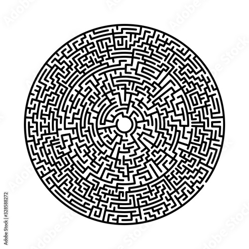 Difficult circle maze. Hard round vector labirinth. Vector black circle maze on white background. Education puzzle with search of solution. Circular isolated labirinth. A game for logic find way exit.