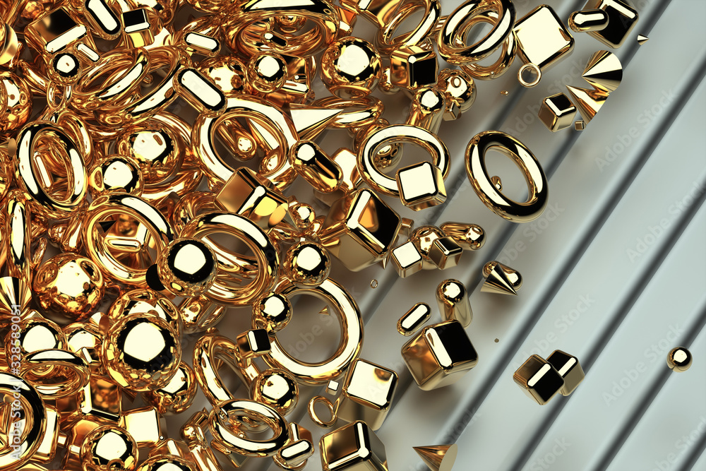 3d render of 3d background with geometry figures as cubes spheres tours cons capsules in gold material and silver mate stair on the back 3d render of 3d background with geometry figures as cubes spheres tours cons capsules in gold material and silver mate stair on the back