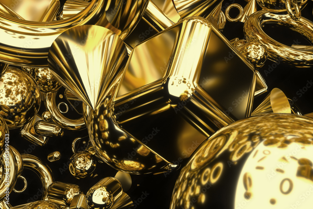 3d render of abstract 3d background with simple geometry figures as cube sphere cone cylinder torus in gold material on black background