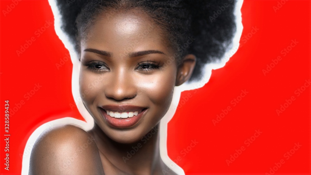 Sexy African Woman With Perfect Skin And Healthy Teeth Looking At Left Side, Pretty Woman's Close Up Portrait Isolated On Red Color Background, Copy Space Is Located On Right Sexy African Woman With Perfect Skin And Healthy Teeth Looking At Left Side, Pretty Woman's Close Up Portrait Isolated On Red Color Background, Copy Space Is Located On Right