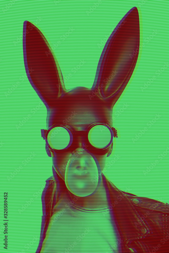masked easter bunny blowing bubble gum bubbles. Easter party concept