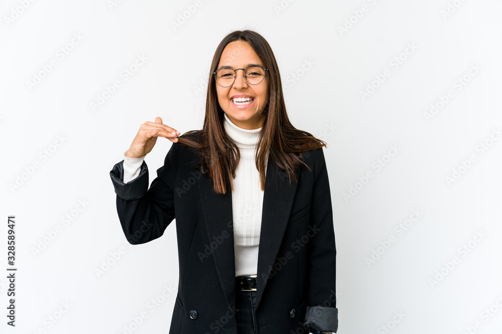Young mixed race business woman isolated on white background laughing about something, covering mouth with hands. Young mixed race business woman isolated on white background laughing about something, covering mouth with hands.