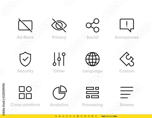 Ad Block icon. Shield, Privacy, Secure Analitic and Other line vector editable stroke set for app