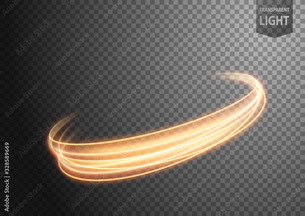 Abstract Gold wavy line of light with a transparent background ...