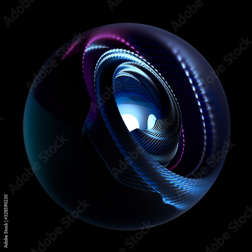 3d render of abstract glass 3d ball with swirl twisted mechanism inside based on matte metal blades with glowing in blue light color glass sphere as core in the centre on black background