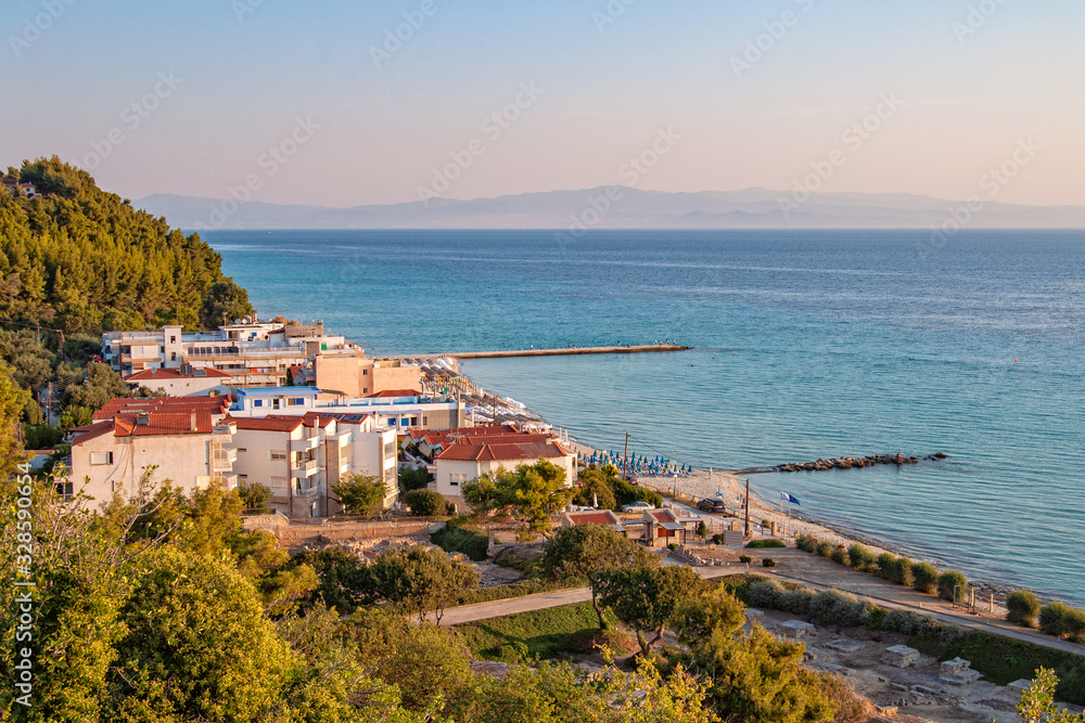 Kallithea, Greece - September 03,2019: Top view of Kallithea, Halkidiki in Greece. Panoramic view of famous and idyllic beach of Kalithea  resting 