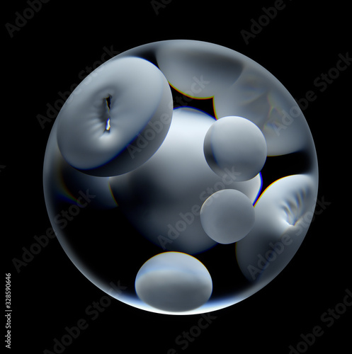 3d render of abstract art surreal 3d glass ball with white deformed soft body objects inside as torus or ring and balls, in rough ceramic material on black background