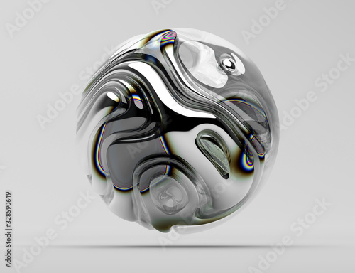 3d render of abstract art with surreal 3d ball in organic curve round wavy smooth and soft bio forms in glossy silver metal material with color round lines spectrum and with glass parts on light grey