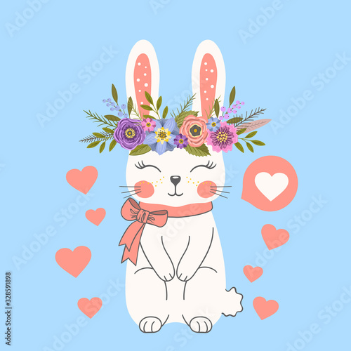 Cute rabbit with floral wreath, bow tie