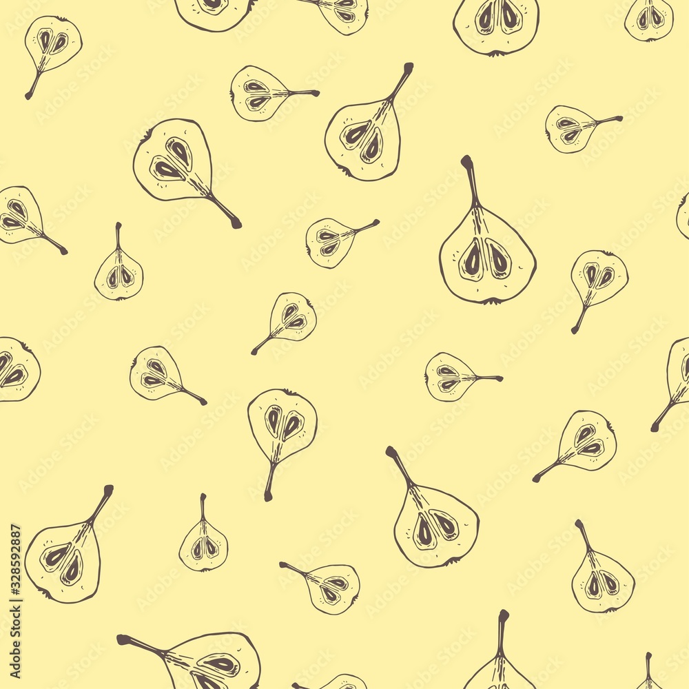 Pattern with pears in red color outline, yellow color background. Stock vector illustration for design and decor Pattern with pears in red color outline, yellow color background. Stock vector illustration for design and decor