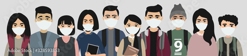 Coronavirus nCoV. Group of chinese people with masks. health and medical. Novel Coronavirus 2019. Pneumonia disease. vector stock illustration about the epidemic. Horizontal banner.