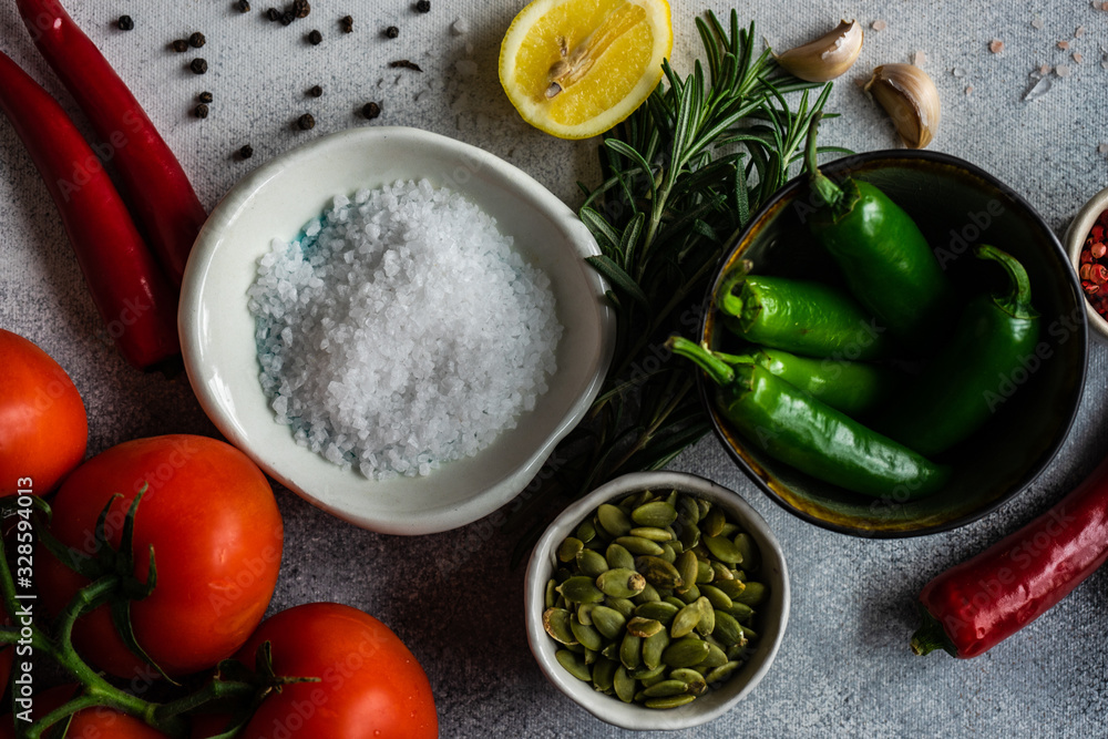 organic food conept with vegetables and spices organic food conept with vegetables and spices