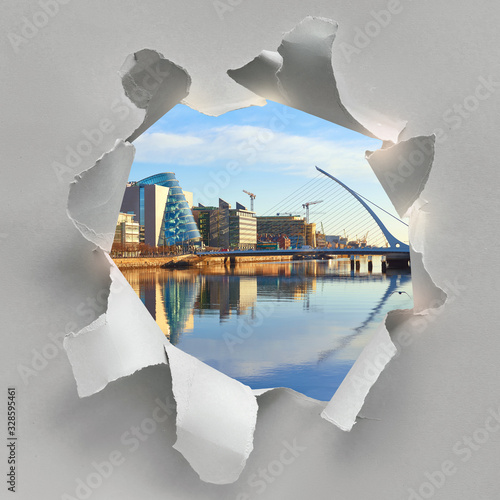 Photography Modern buildings and offices on Liffey river with Harp bridge
