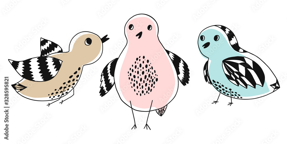 Collection of cute doodle hand drawn color birds. Set of cartoon black outline  bird with colorful stains for kids print design, textile decoration,  greeting cards, print, stickers, logo Stock Vector | Adobe