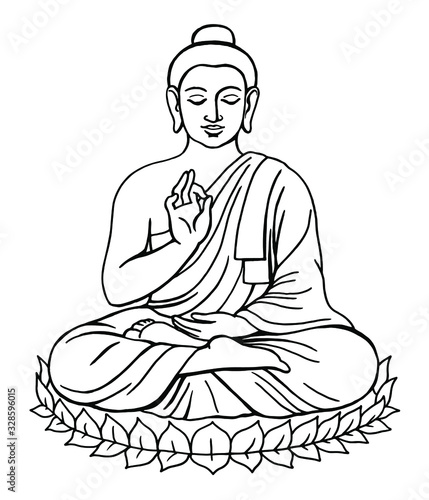 Sitting Meditating Buddha. Hand drawing doodle. Outline. Buddha figure isolated on a white background. Stock vector illustration.