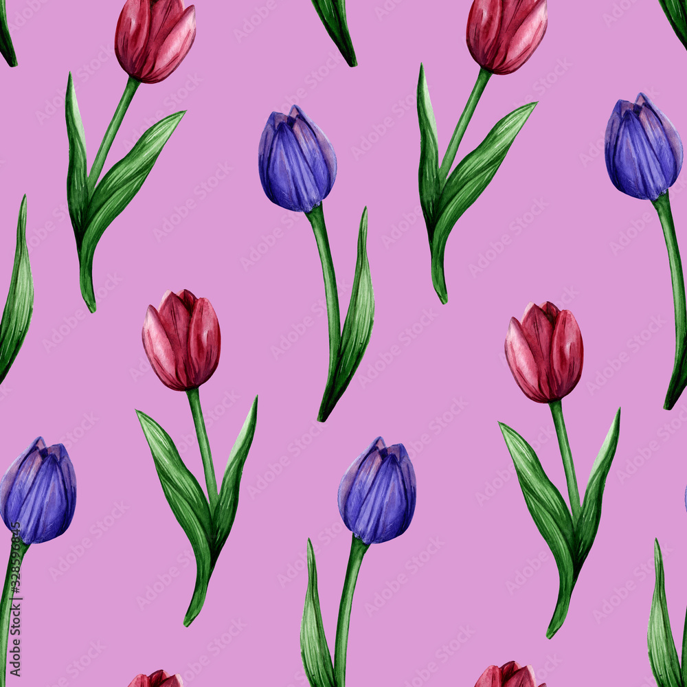 Obraz premium Watercolor hand drawn seamless pattern with colorful tulip flowers on pink background. Delicate botanical pattern for trendy design.