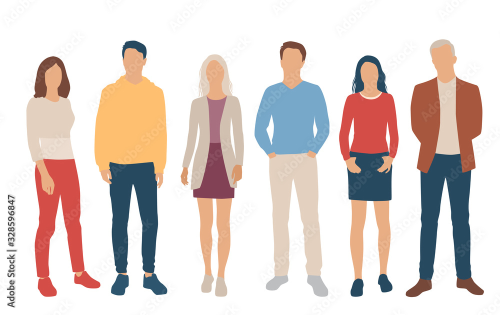 Fototapeta premium Set of men and women, different colors, cartoon character, group of silhouettes standing business people, flat icon design concept isolated on white background