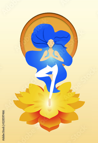 Flat vector Illustration of young woman, with white sportswear, doing yoga, standing in vrikshasana, tree pose, above a lotus flower. Spiritual zen concept for yoga studio, spa center, Yoga Day