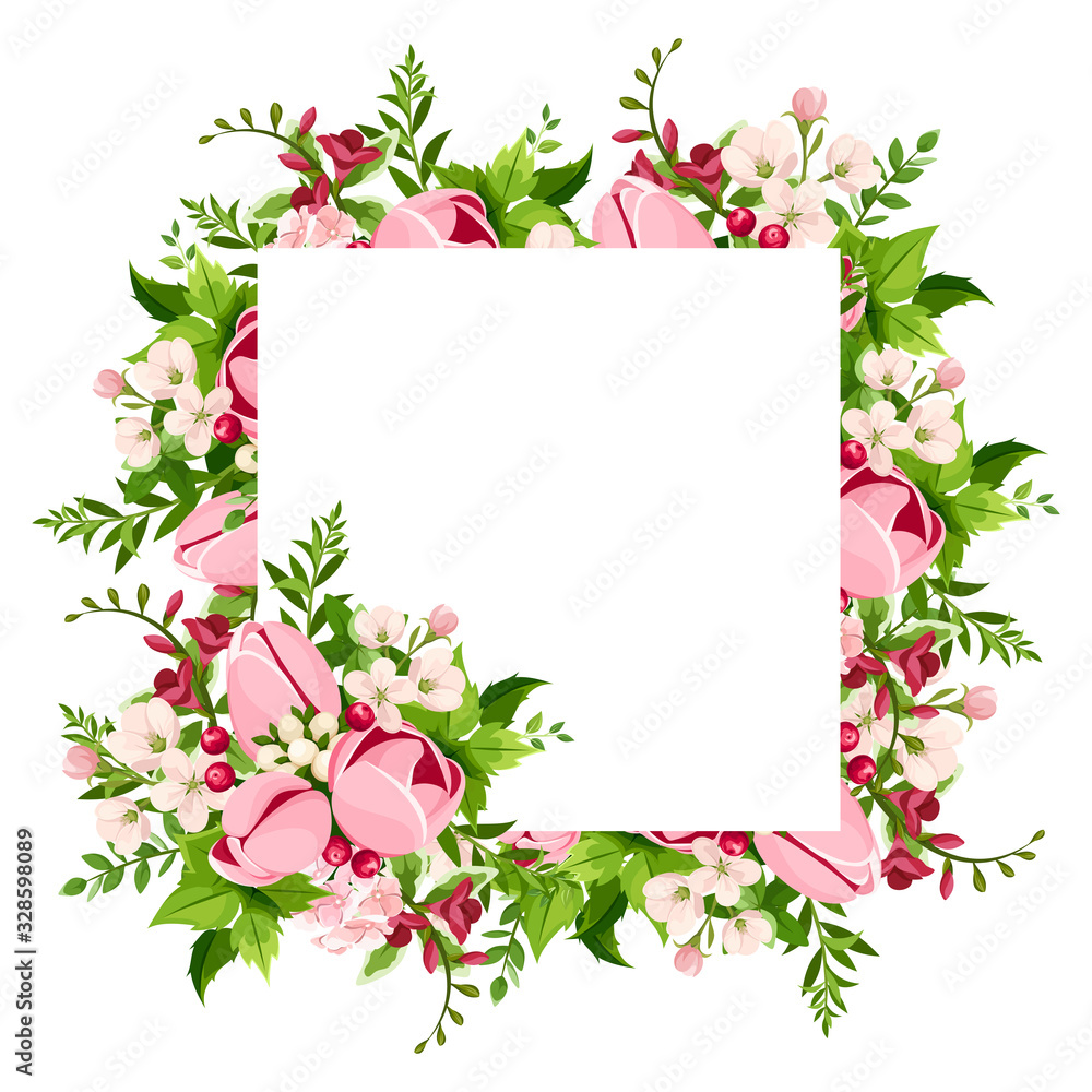 Vector greeting or invitation card with pink tulip and freesia flowers.
