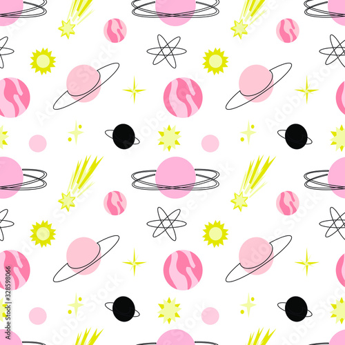 Vector seamless pattern with planets, stars, comets and meteorites on a white background. Childish ornament for fabric,textile,wrapping paper and other material.wallpaper, textile, 