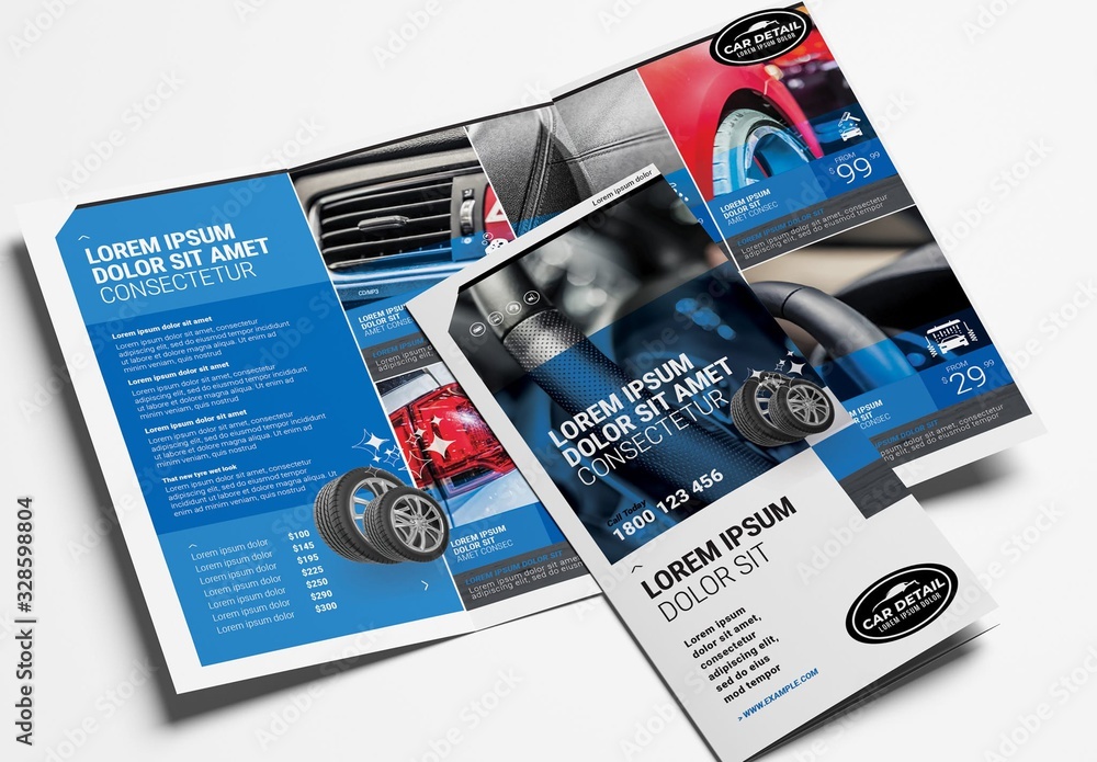 Trifold Brochure Layout for Car Wash and Detailing Services Stock