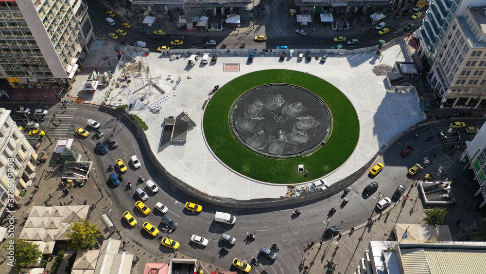 Fototapeta Aerial photo of recently renovated fountain of famous round square of Omonia in the heart of Athens centre, Attica, Greece