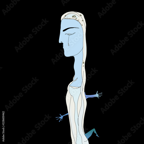 Isolated vector illustration. Fantastic blue lady with closed eyes. Surreal art. Hand drawn sketch.