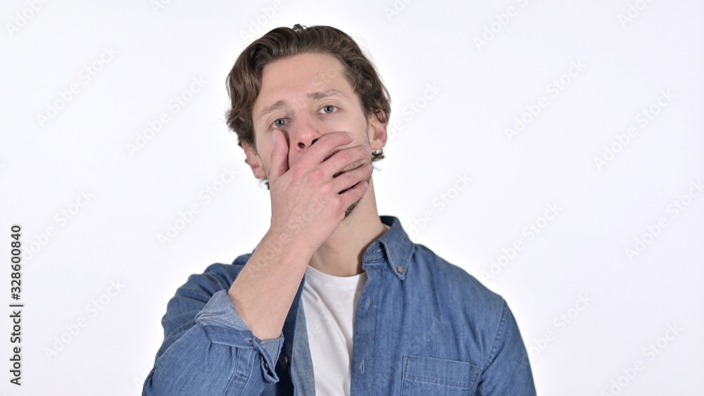 Disappointed Young Man having Loss, Failure Sign on White Background Disappointed Young Man having Loss, Failure Sign on White Background
