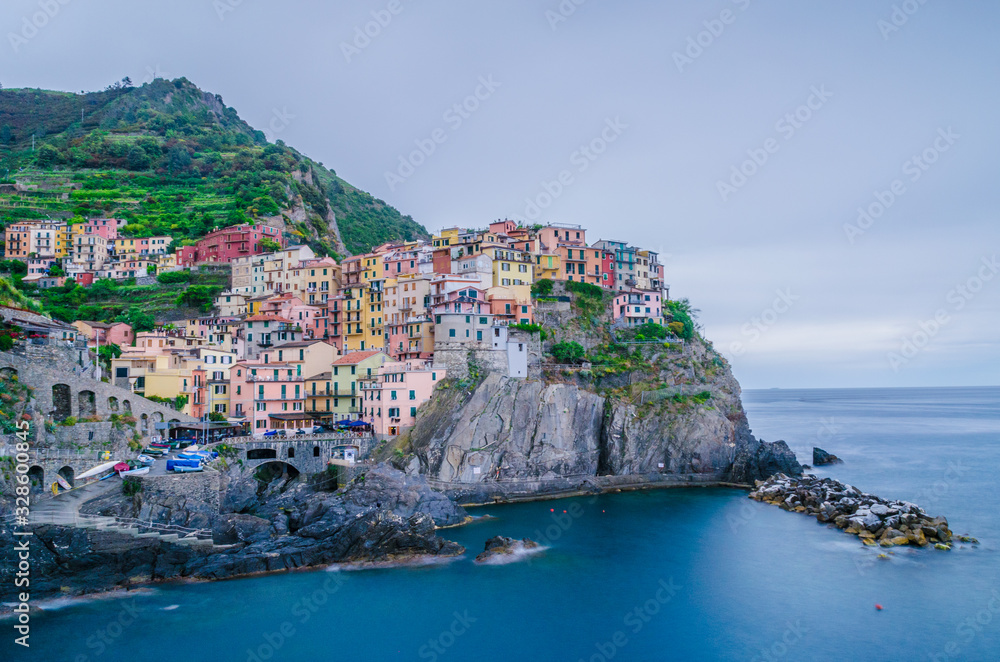 Amazing view of village in Cinque Terre before sunset in Italy