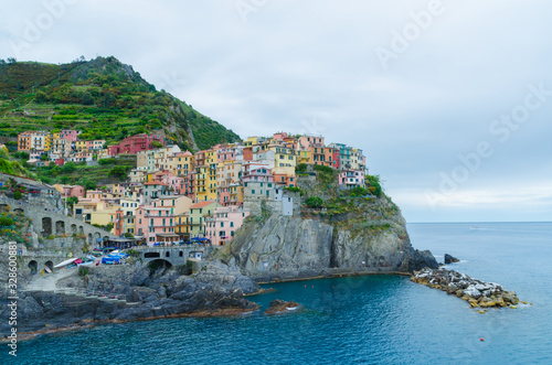 Amazing view of Manarola in Cinque Terre before sunset in Italy
