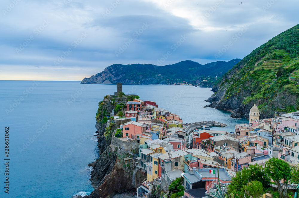 Beautiful village seen from the Azure Trail in Cinque Terre Italy