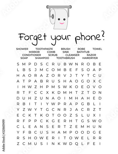 Forget your phone Funny restroom poster. Bathroom word search puzzle. Toilet humor. Home wall decor print. Vector illustration.