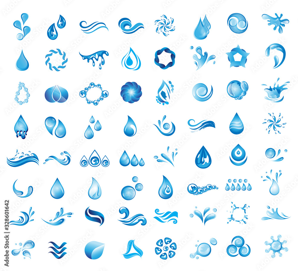 Water Splash Vector And Drop Logo Set - Isolated On White Background. Vector Collection Of Flat Water Splash and Drop Logo. Icons For Droplet, Wave, Rain, Raindrop, Company Logo And Bubble Design Water Splash Vector And Drop Logo Set - Isolated On White Background. Vector Collection Of Flat Water Splash and Drop Logo. Icons For Droplet, Wave, Rain, Raindrop, Company Logo And Bubble Design
