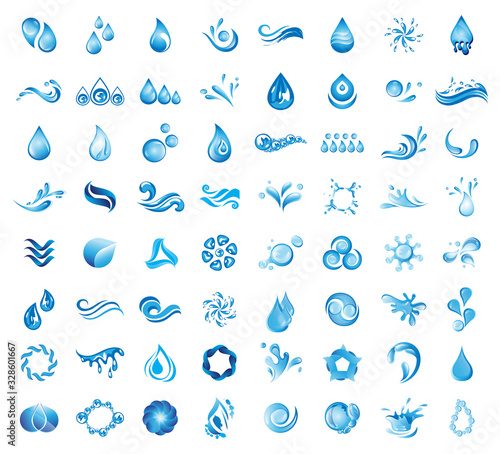 Water Splash Vector And Drop Logo Set - Isolated On White Background. Vector Collection Of Flat Water Splash and Drop Logo. Icons For Droplet, Wave, Rain, Raindrop, Company Logo And Bubble Design