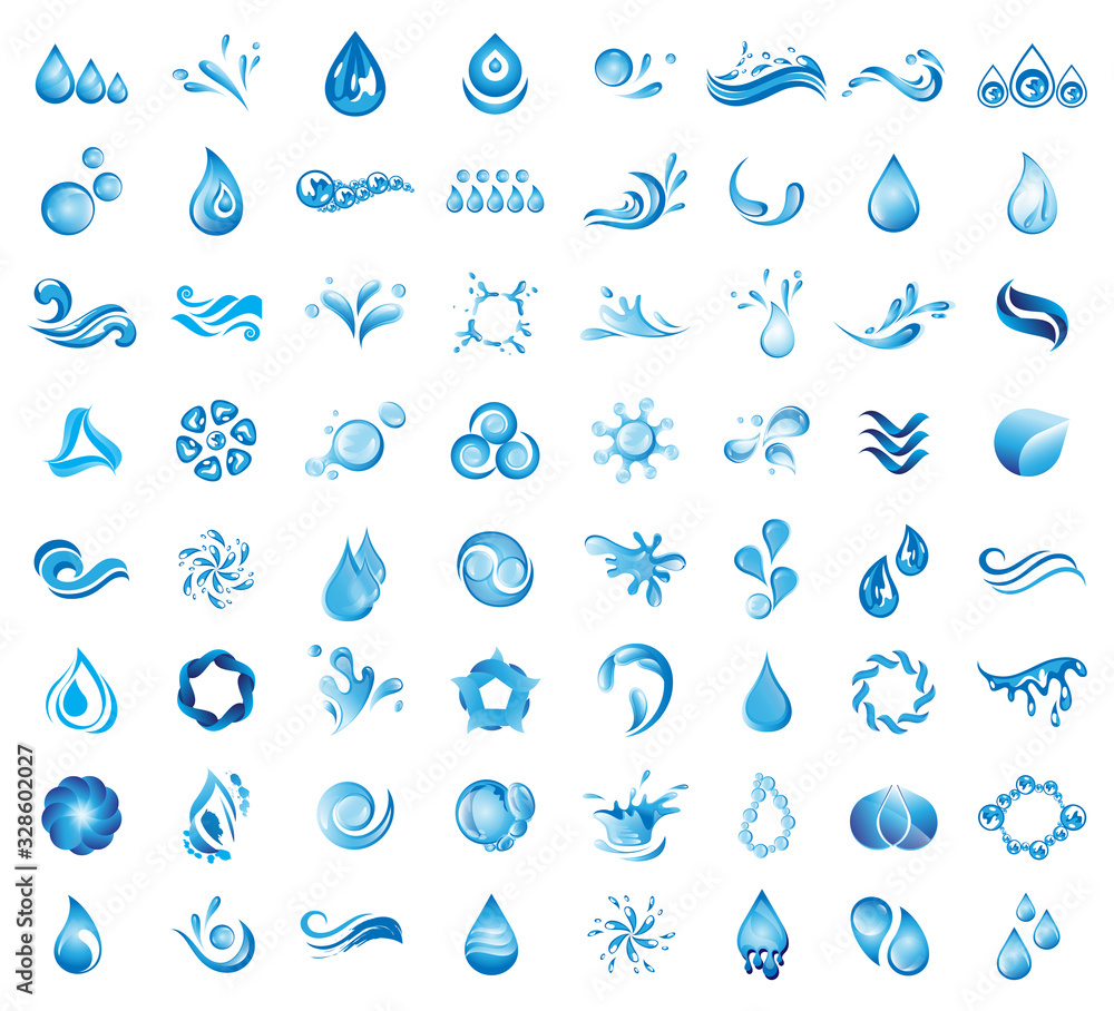 Water Splash Vector And Drop Logo Set - Isolated On White Background. Vector Collection Of Flat Water Splash and Drop Logo. Icons For Droplet, Wave, Rain, Raindrop, Company Logo And Bubble Design Water Splash Vector And Drop Logo Set - Isolated On White Background. Vector Collection Of Flat Water Splash and Drop Logo. Icons For Droplet, Wave, Rain, Raindrop, Company Logo And Bubble Design