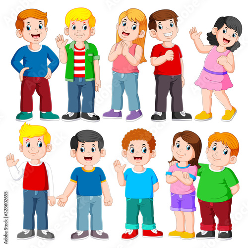 Happy young boys and girls collection set