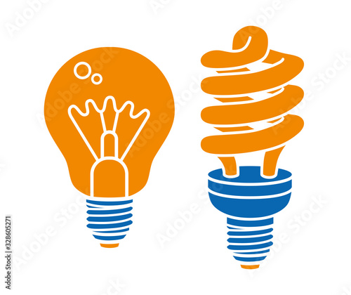 Incandescent light bulb and compact fluorescent energy saving lamp flat icons isolated